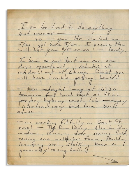 Hunter S. Thompson Autograph Letter Signed The Jew -- ...am working fitfully on Great PR novel - The Rum Diary...Playboy bounced B.S. & it is now circulating for the booby prize...
